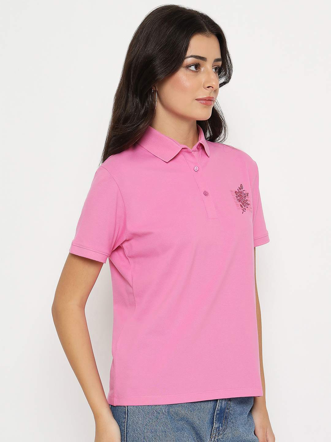 Madame Print Adorned Cotton Blend Pink  Polo T-shirt - Image 4
