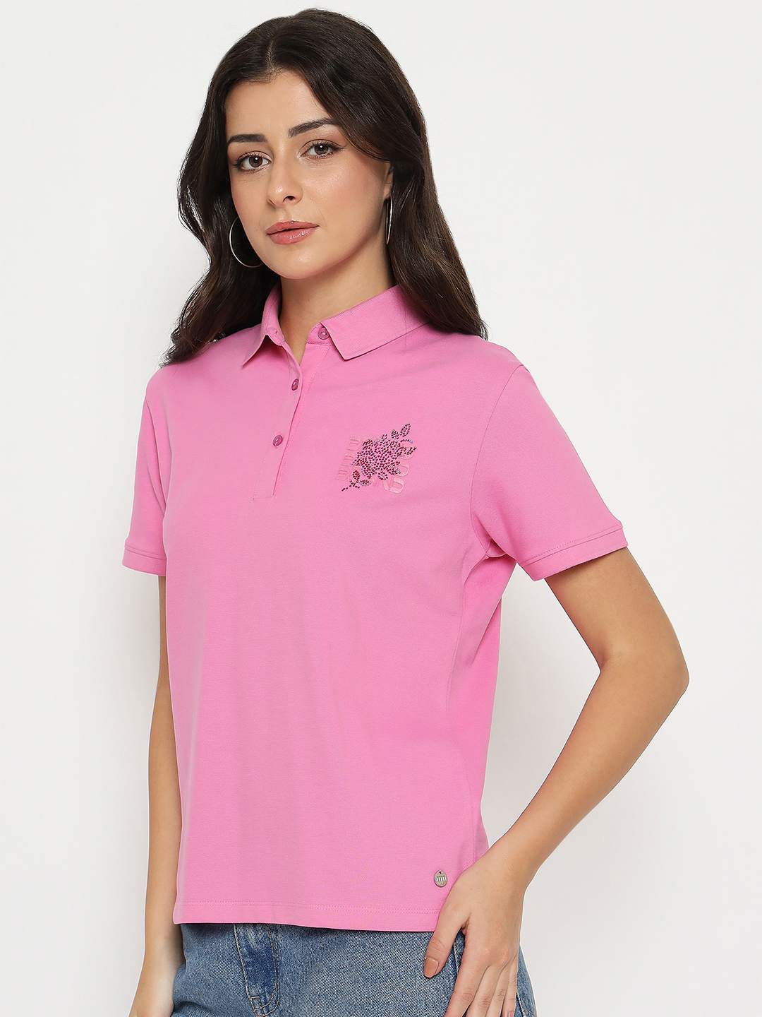 Madame Print Adorned Cotton Blend Pink  Polo T-shirt - Image 5