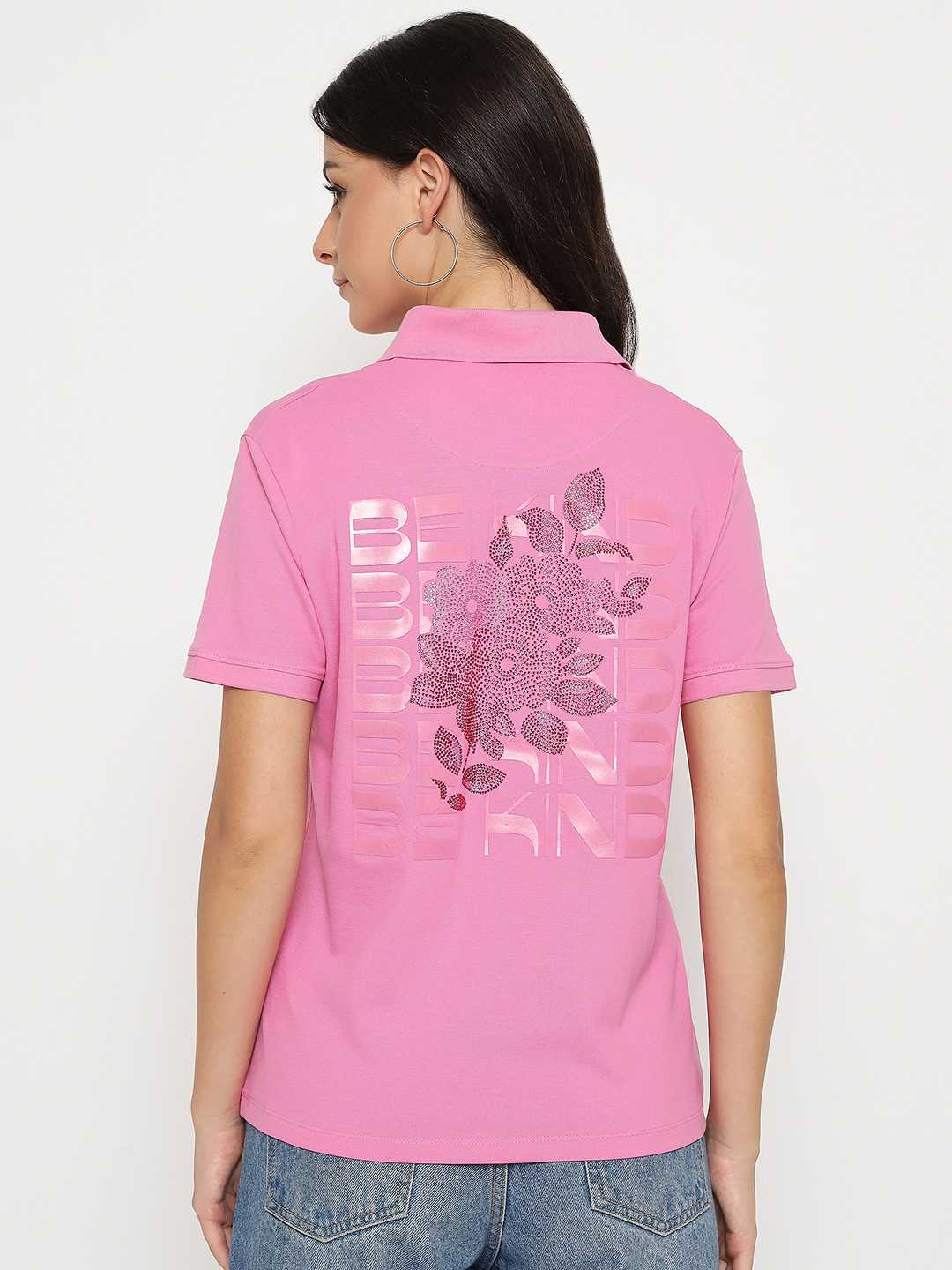 Madame Print Adorned Cotton Blend Pink  Polo T-shirt - Image 6
