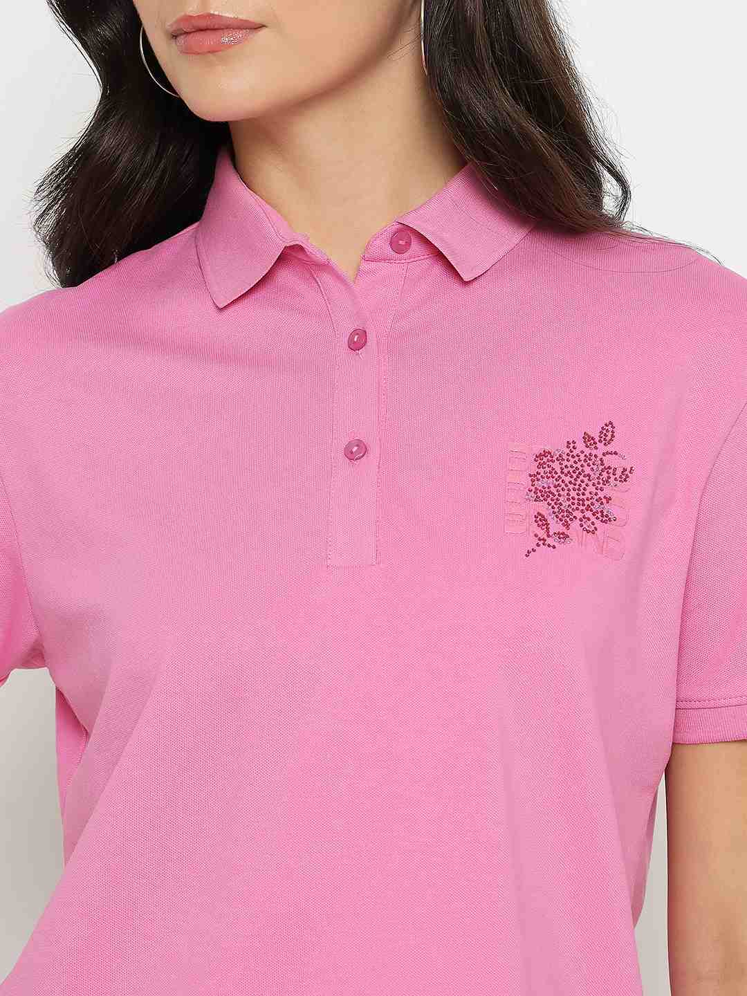 Madame Print Adorned Cotton Blend Pink  Polo T-shirt - Image 7