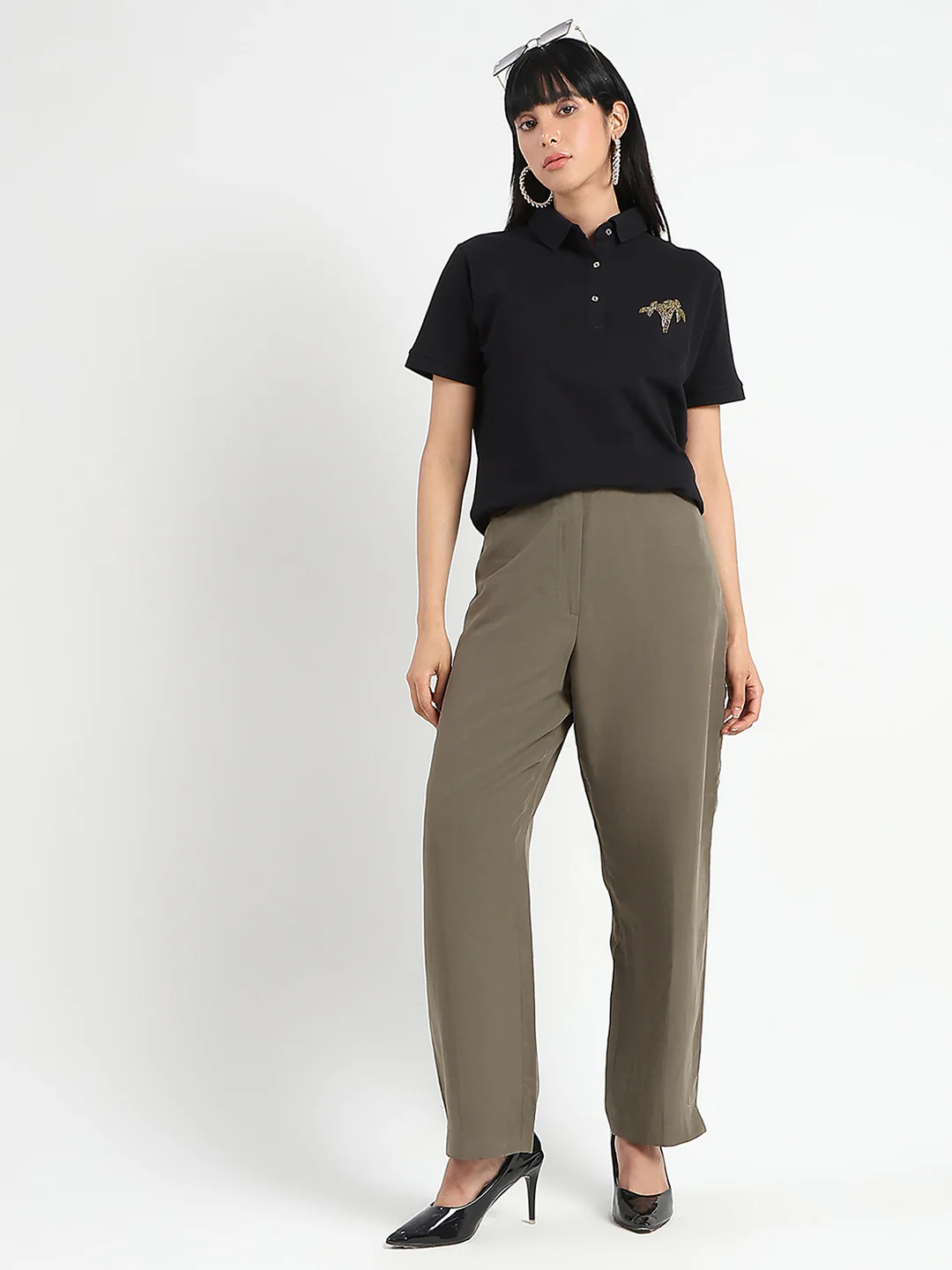 Madame Embellished Cotton Blend Black Polo T-shirt