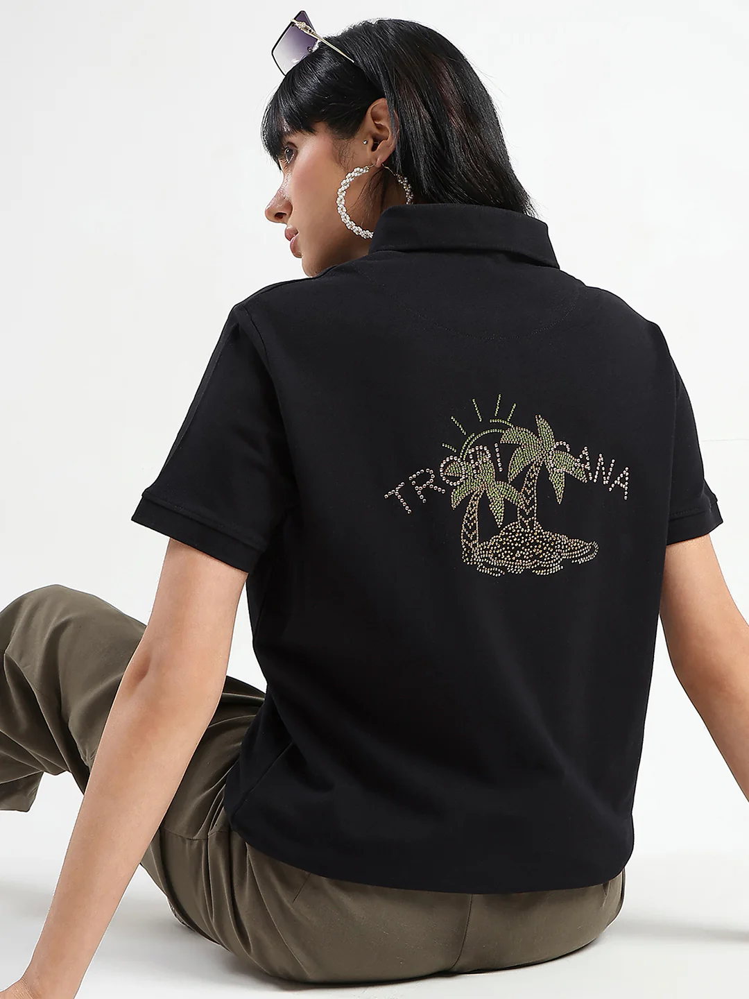 Madame Embellished Cotton Blend Black Polo T-shirt - Image 2
