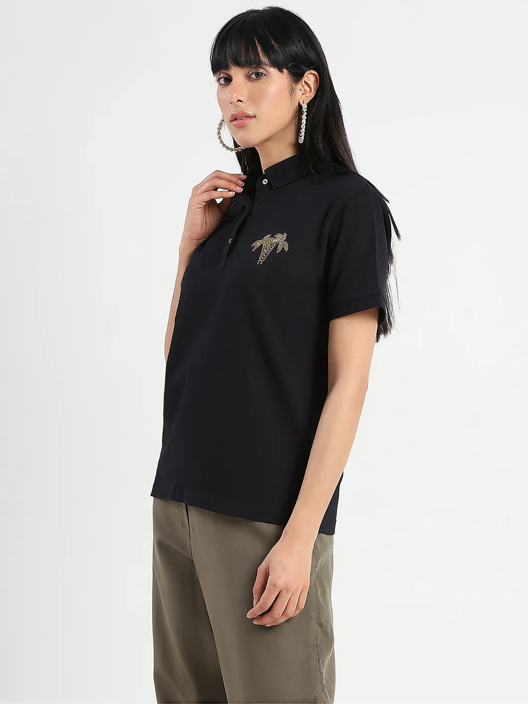 Madame Embellished Cotton Blend Black Polo T-shirt - Image 5