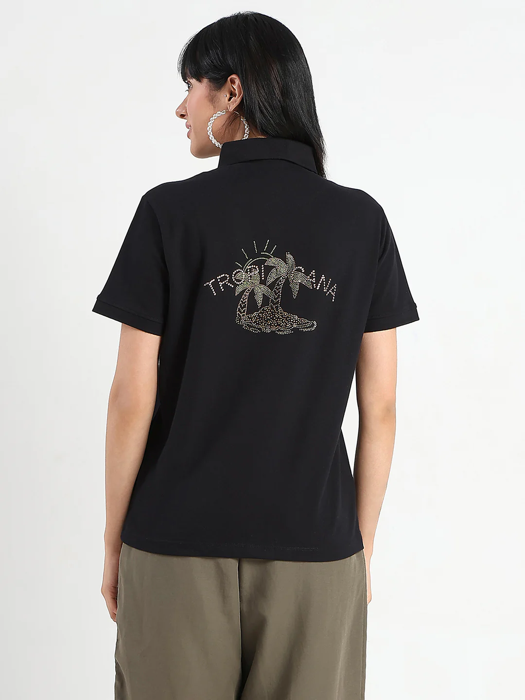 Madame Embellished Cotton Blend Black Polo T-shirt - Image 6