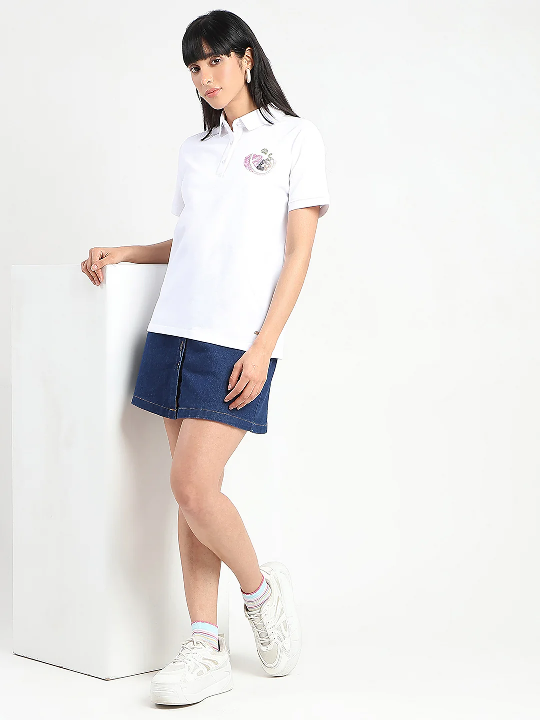 Madame Graphic Print Adorned Cotton Blend White Polo T-shirt - Image 2