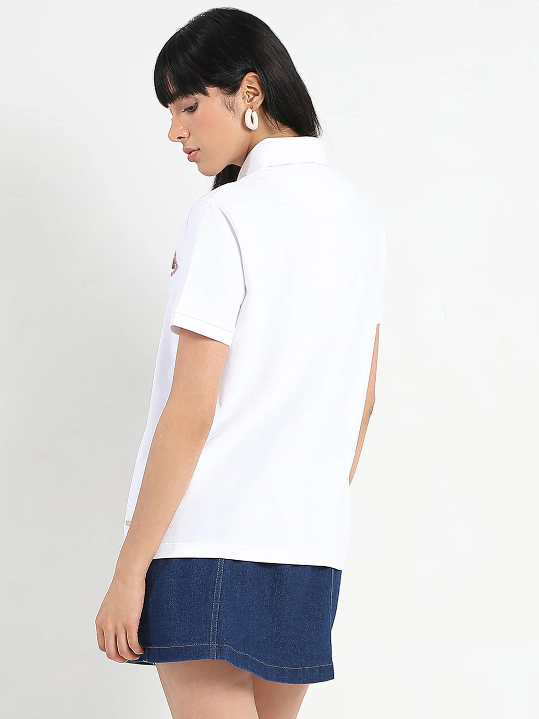 Madame Graphic Print Adorned Cotton Blend White Polo T-shirt - Image 6