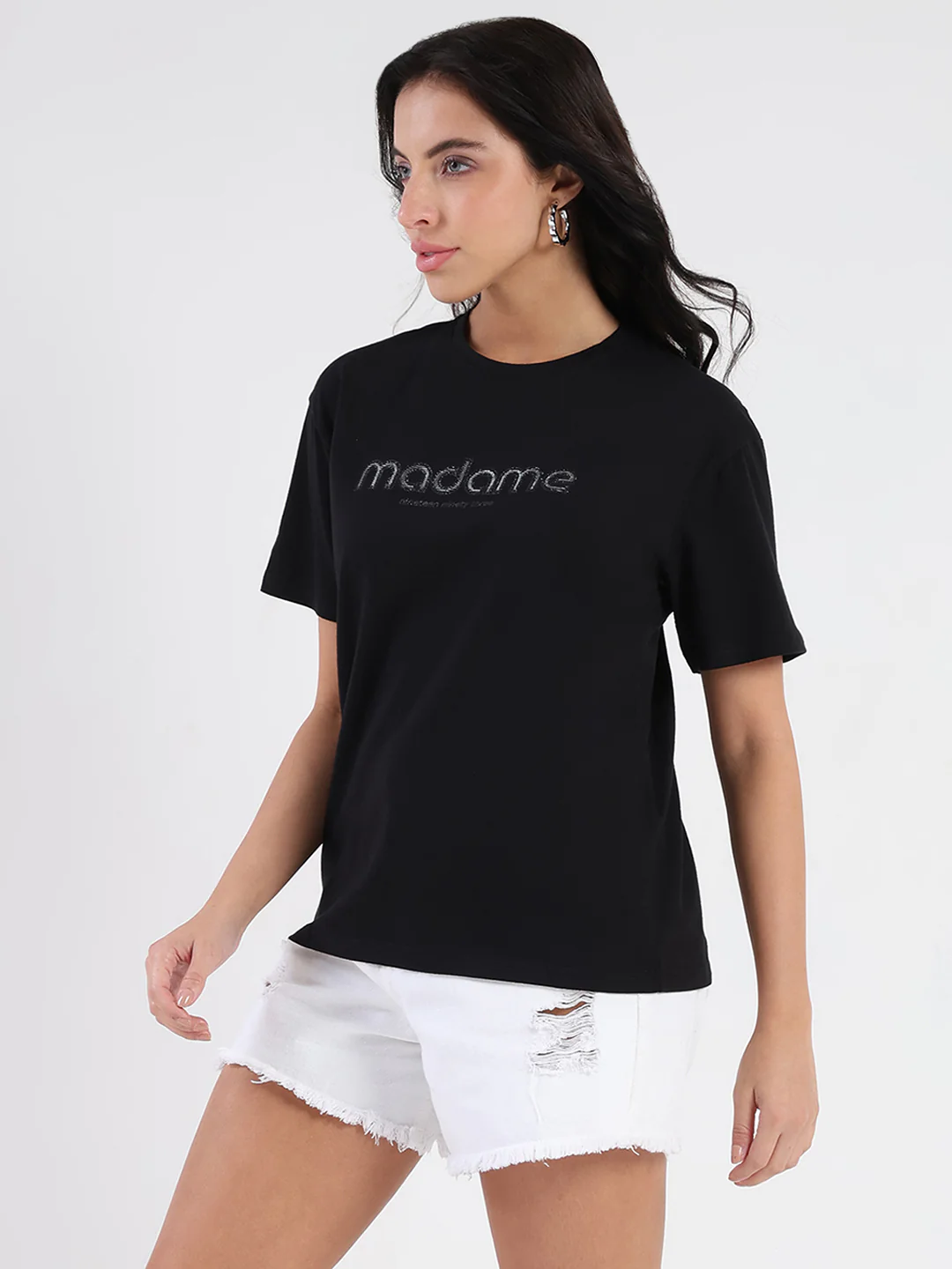 Madame Swarovski and Print Sticker Black Cotton T-shirt