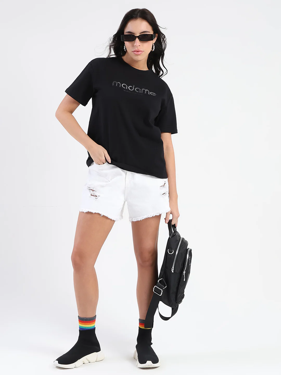 Madame Swarovski and Print Sticker Black Cotton T-shirt - Image 2