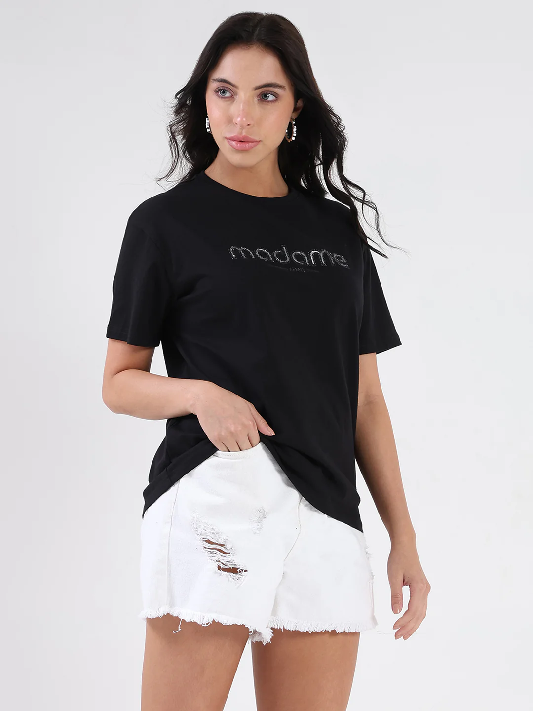 Madame Swarovski and Print Sticker Black Cotton T-shirt - Image 3