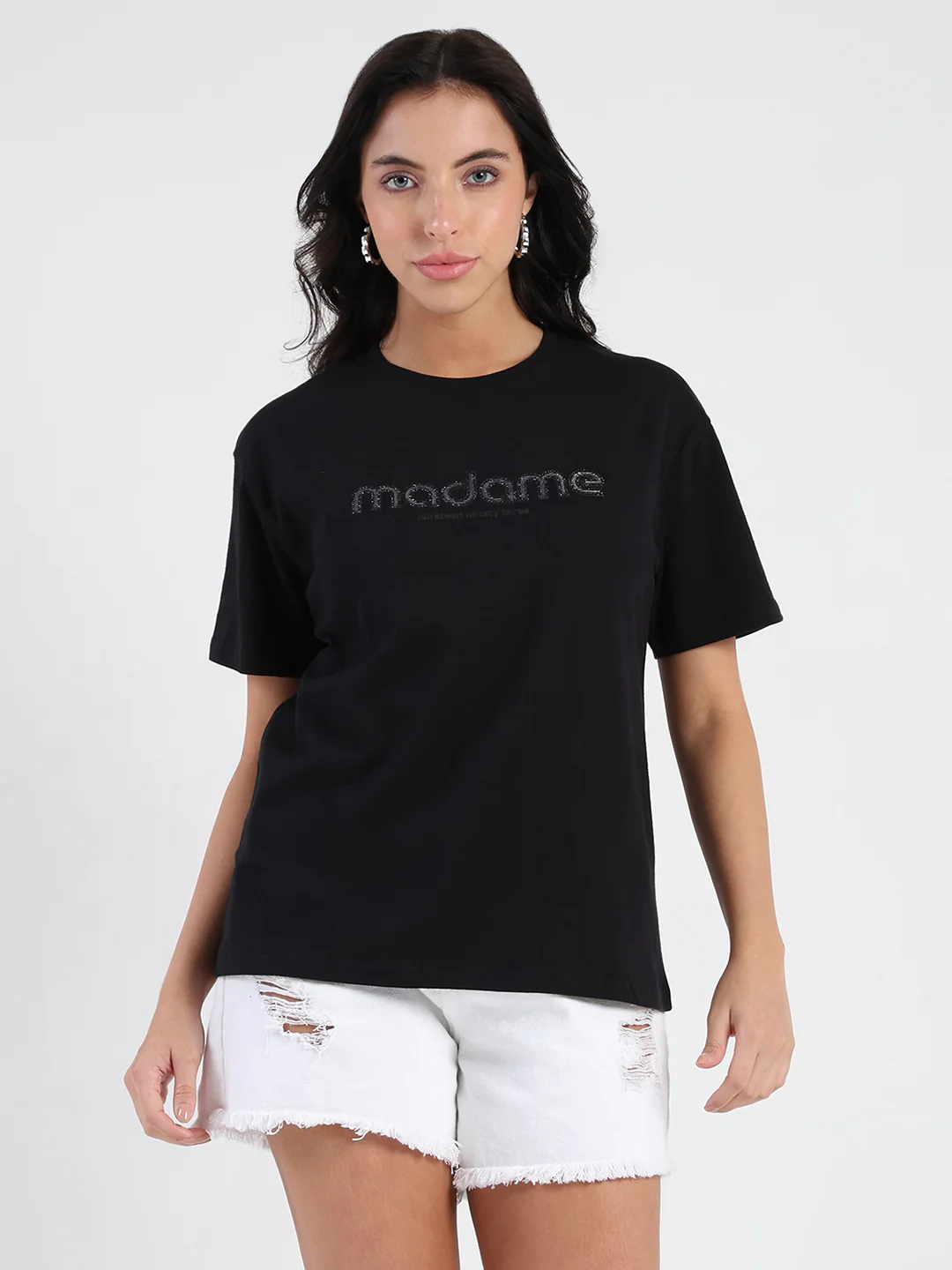 Madame Swarovski and Print Sticker Black Cotton T-shirt - Image 4