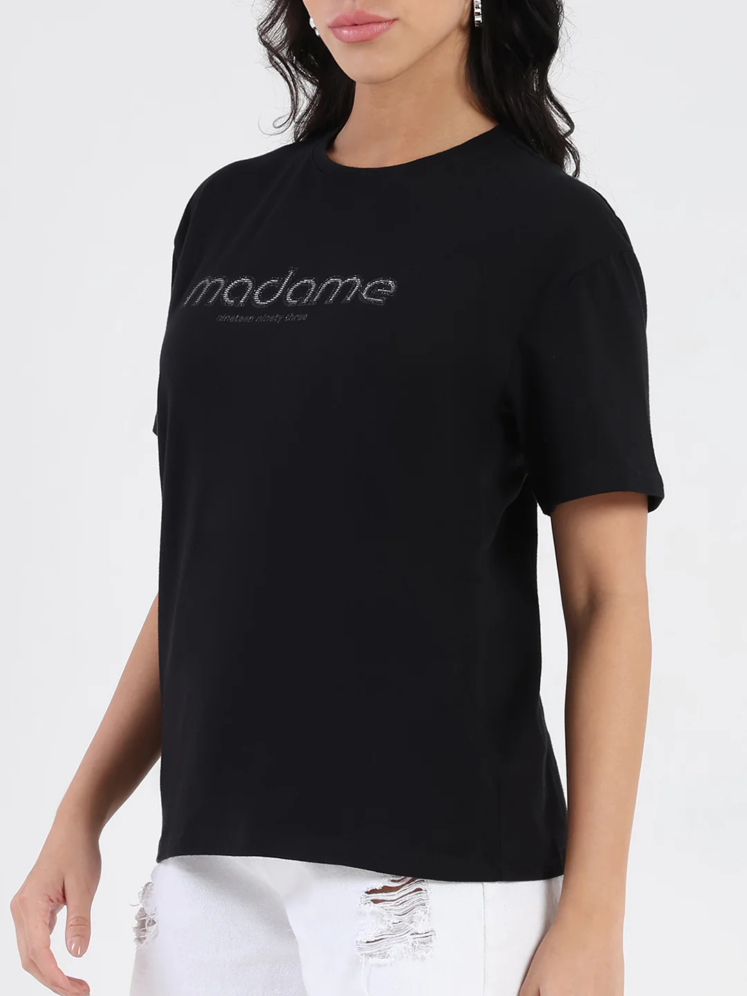 Madame Swarovski and Print Sticker Black Cotton T-shirt - Image 6
