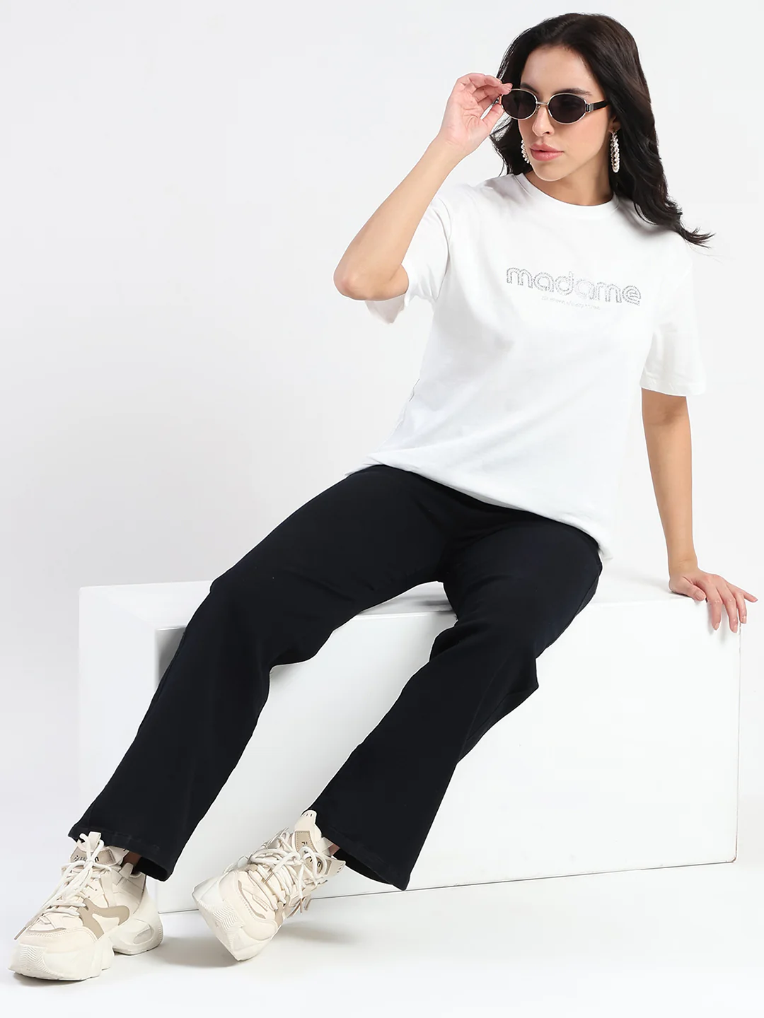 Madame Swarovski and Print Sticker White Cotton T-shirt