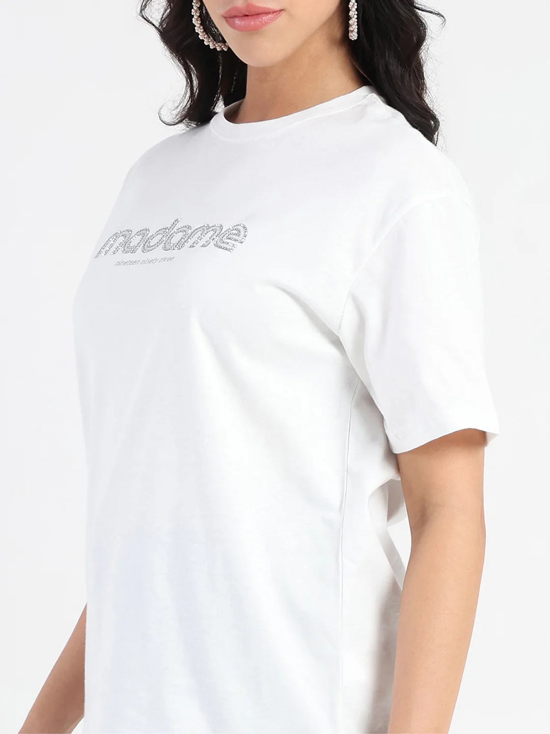 Madame Swarovski and Print Sticker White Cotton T-shirt - Image 6