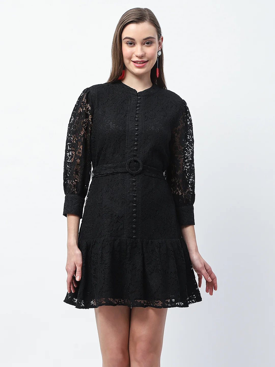 Madame Sheer Embroidered Belted Mini Black Mesh Dress - Image 3