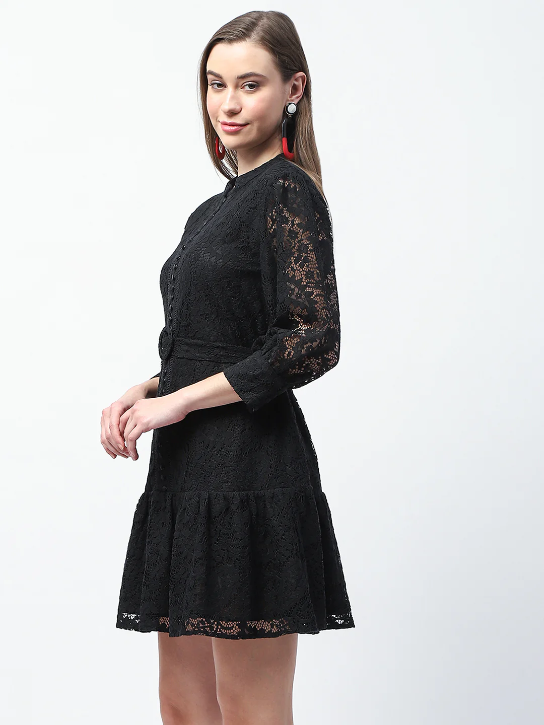 Madame Sheer Embroidered Belted Mini Black Mesh Dress - Image 4