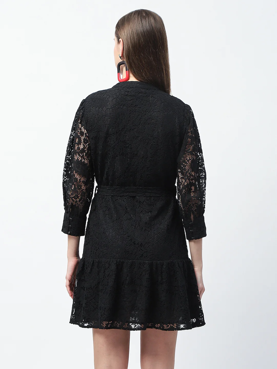 Madame Sheer Embroidered Belted Mini Black Mesh Dress - Image 5