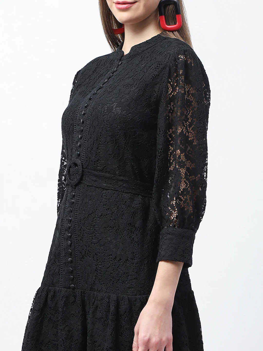 Madame Sheer Embroidered Belted Mini Black Mesh Dress - Image 6