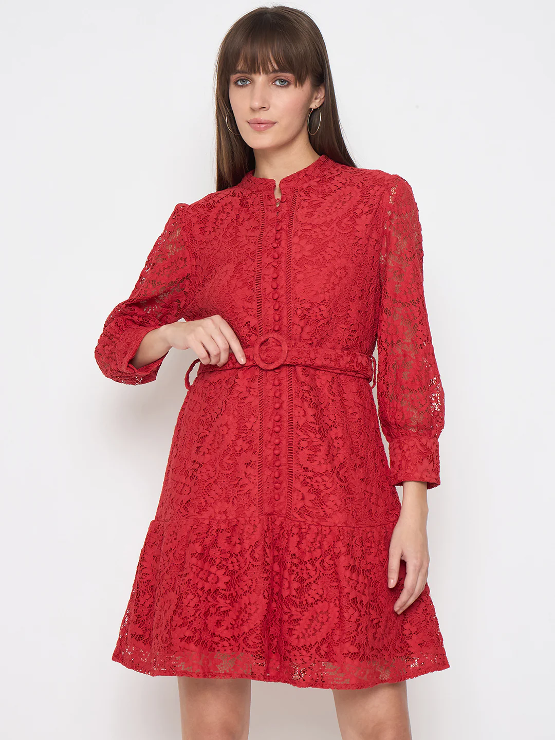 Madame Sheer Embroidered Belted Mini Red Mesh Dress - Image 3