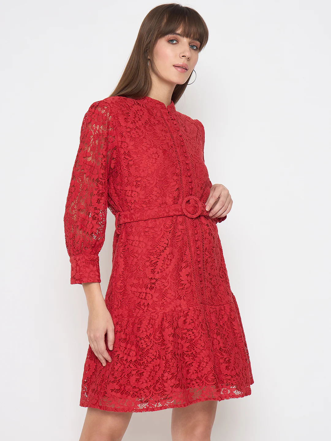 Madame Sheer Embroidered Belted Mini Red Mesh Dress - Image 4