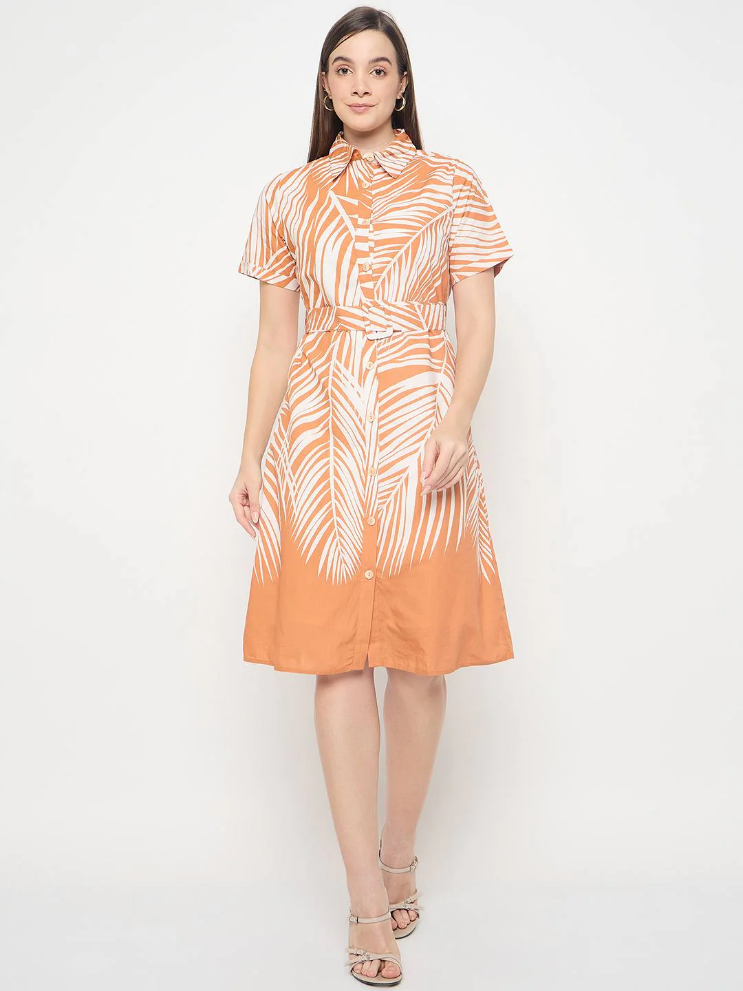 Madame Botanical Print Cotton Blend Orange Shirt Dress - Image 4