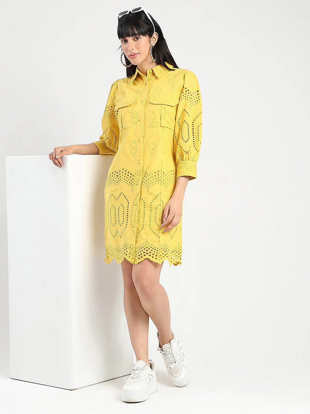 Madame Schiffli Mustard Yellow Midi Shirt Dress - Image 2