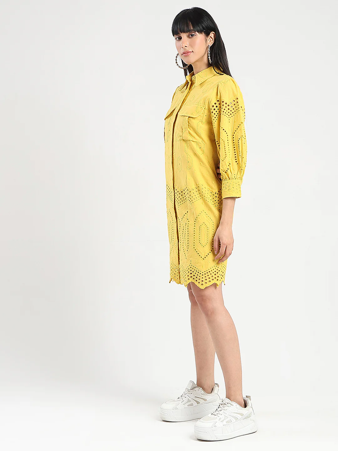 Madame Schiffli Mustard Yellow Midi Shirt Dress - Image 5