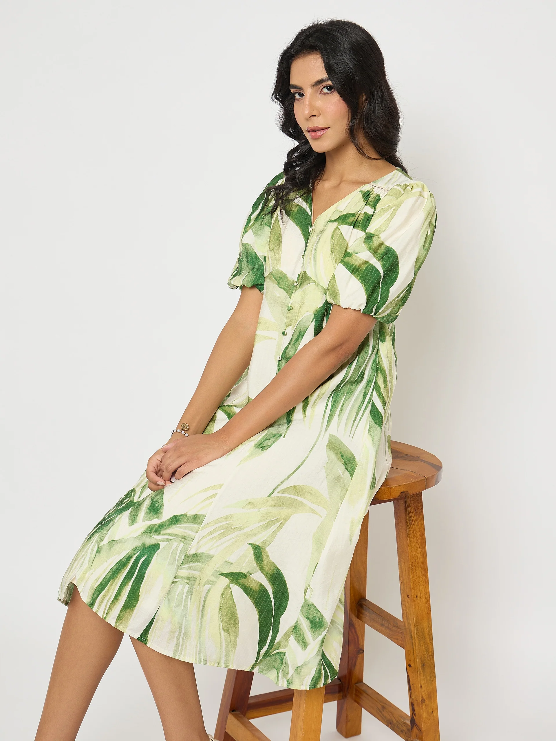 Madame Botanical Print Lace Insertion Off White Midi Dress - Image 2