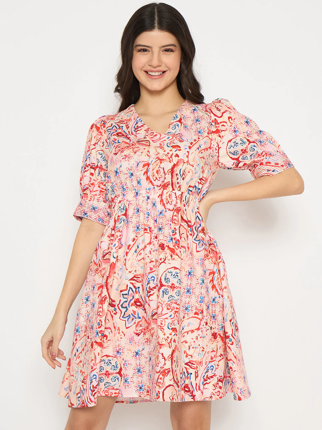 Madame Paisley Print Elasticated Waist Red Cotton Dress - Image 3