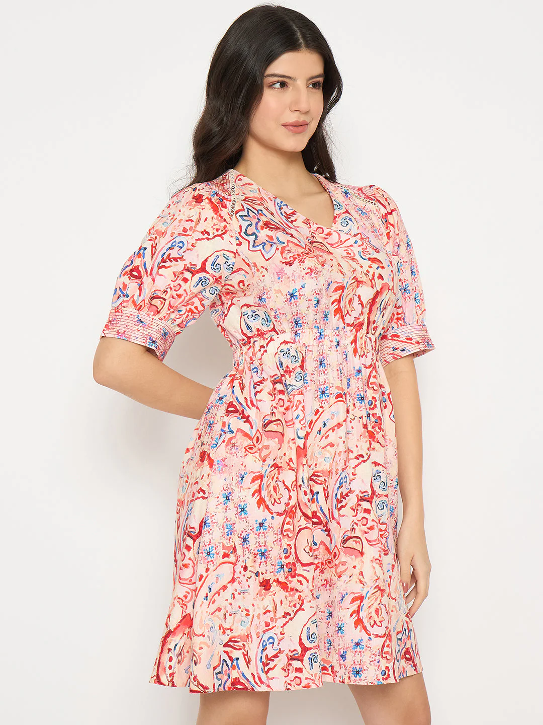 Madame Paisley Print Elasticated Waist Red Cotton Dress - Image 4