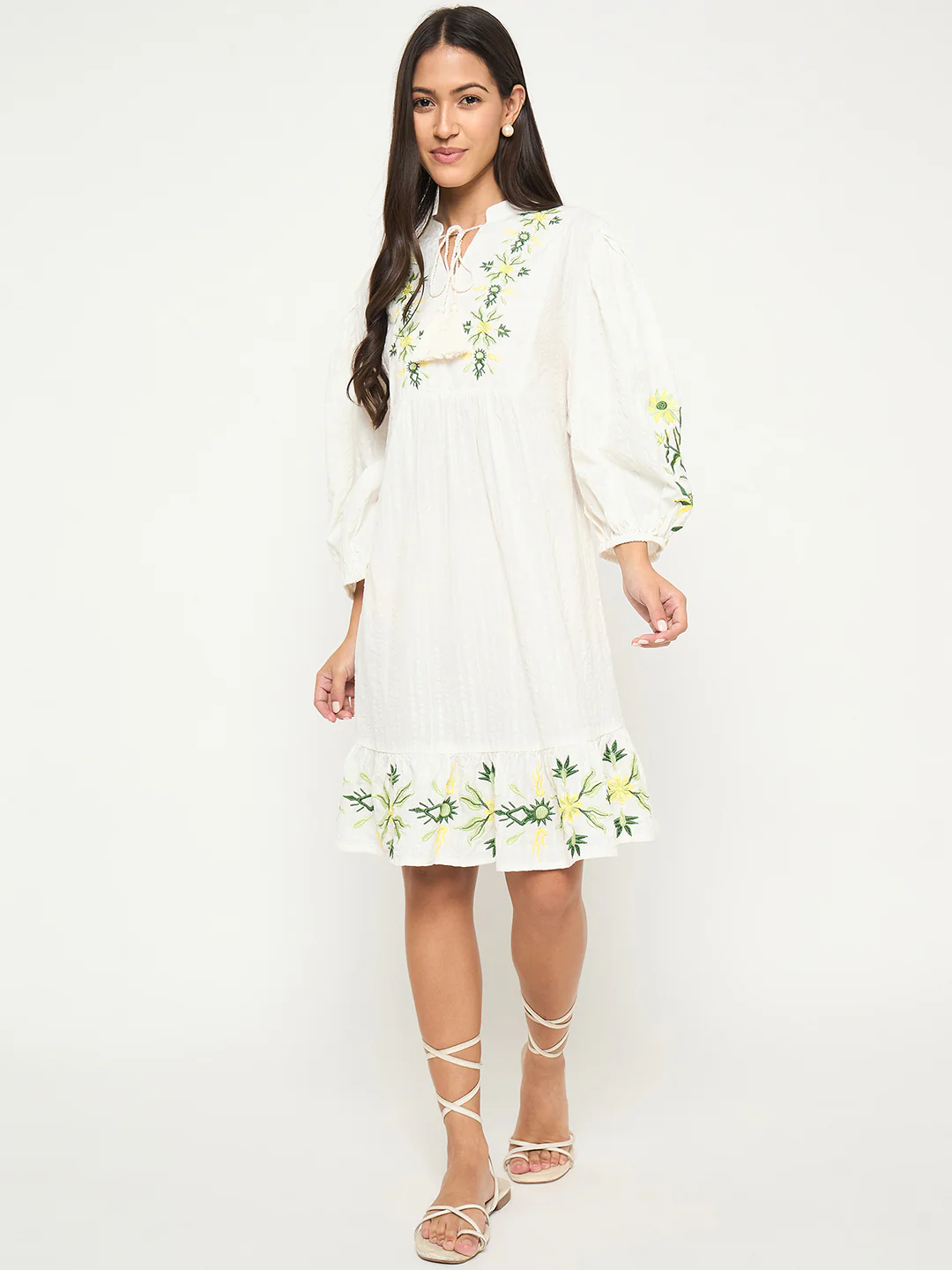 Madame Floral Embroidered Fit and Flare White Mini Dress - Image 3