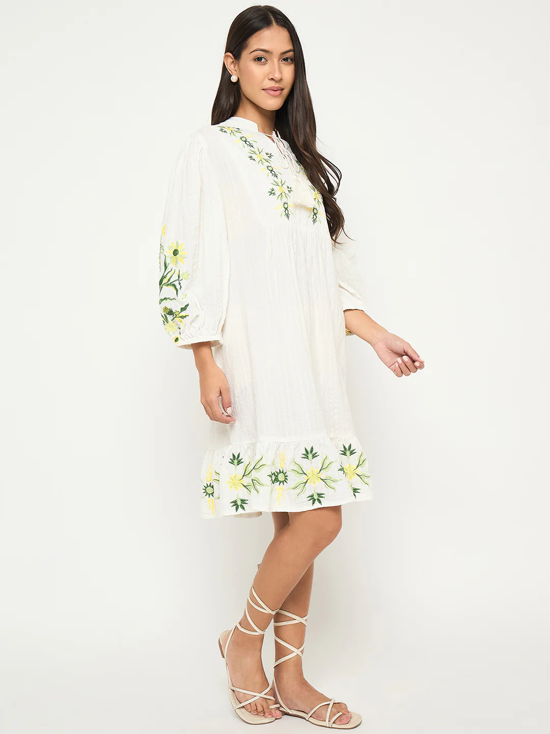 Madame Floral Embroidered Fit and Flare White Mini Dress - Image 4