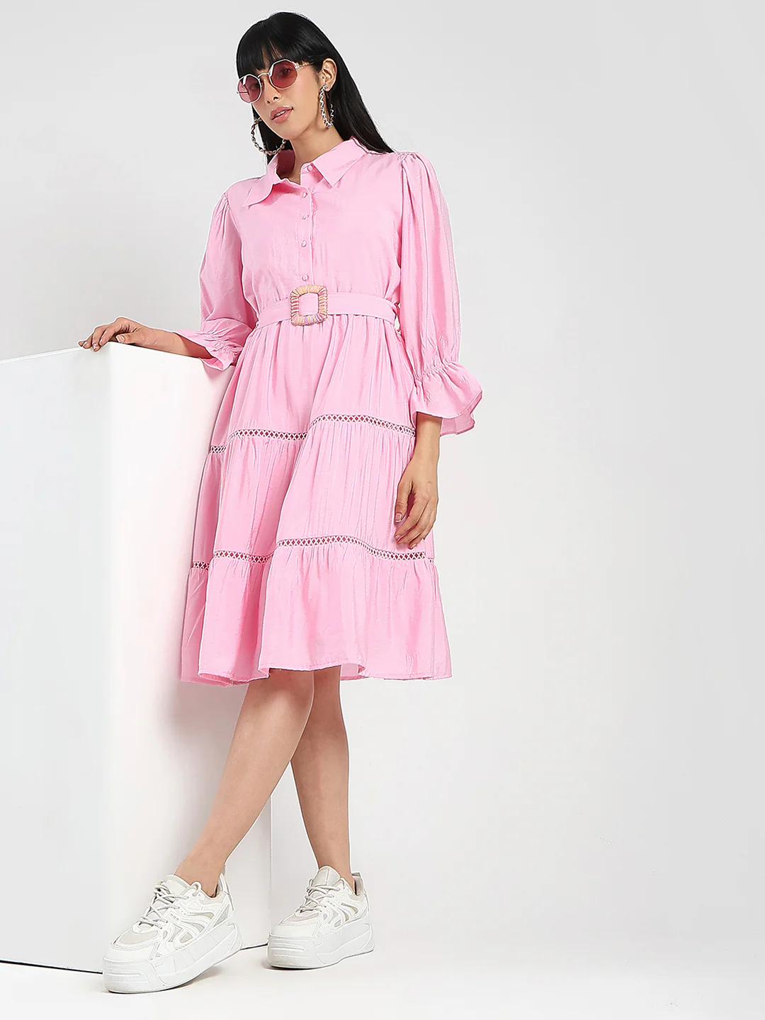 Madame Tiered Pink Rayon Blend Fit and Flare Mini Dress