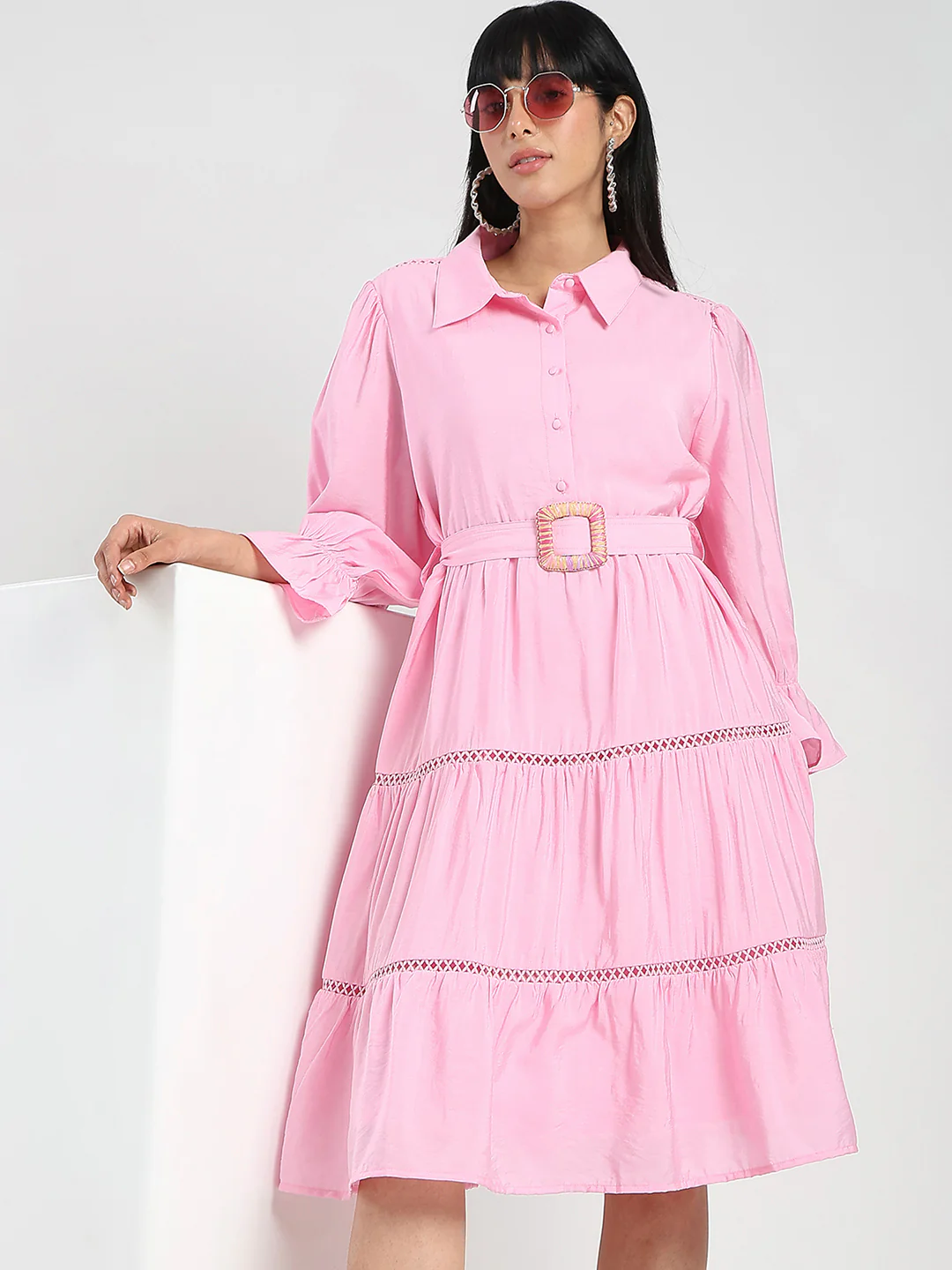 Madame Tiered Pink Rayon Blend Fit and Flare Mini Dress - Image 2