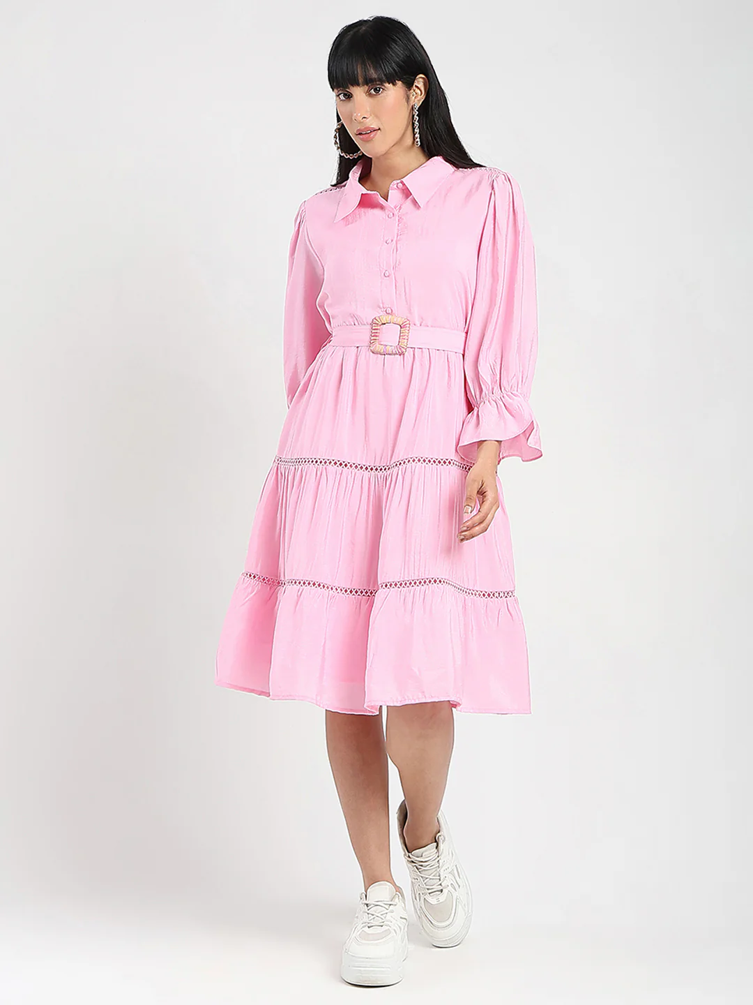 Madame Tiered Pink Rayon Blend Fit and Flare Mini Dress - Image 3