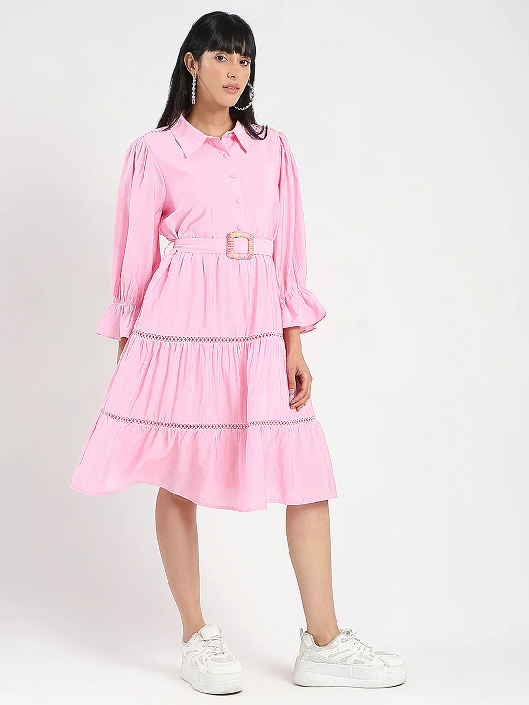 Madame Tiered Pink Rayon Blend Fit and Flare Mini Dress - Image 4