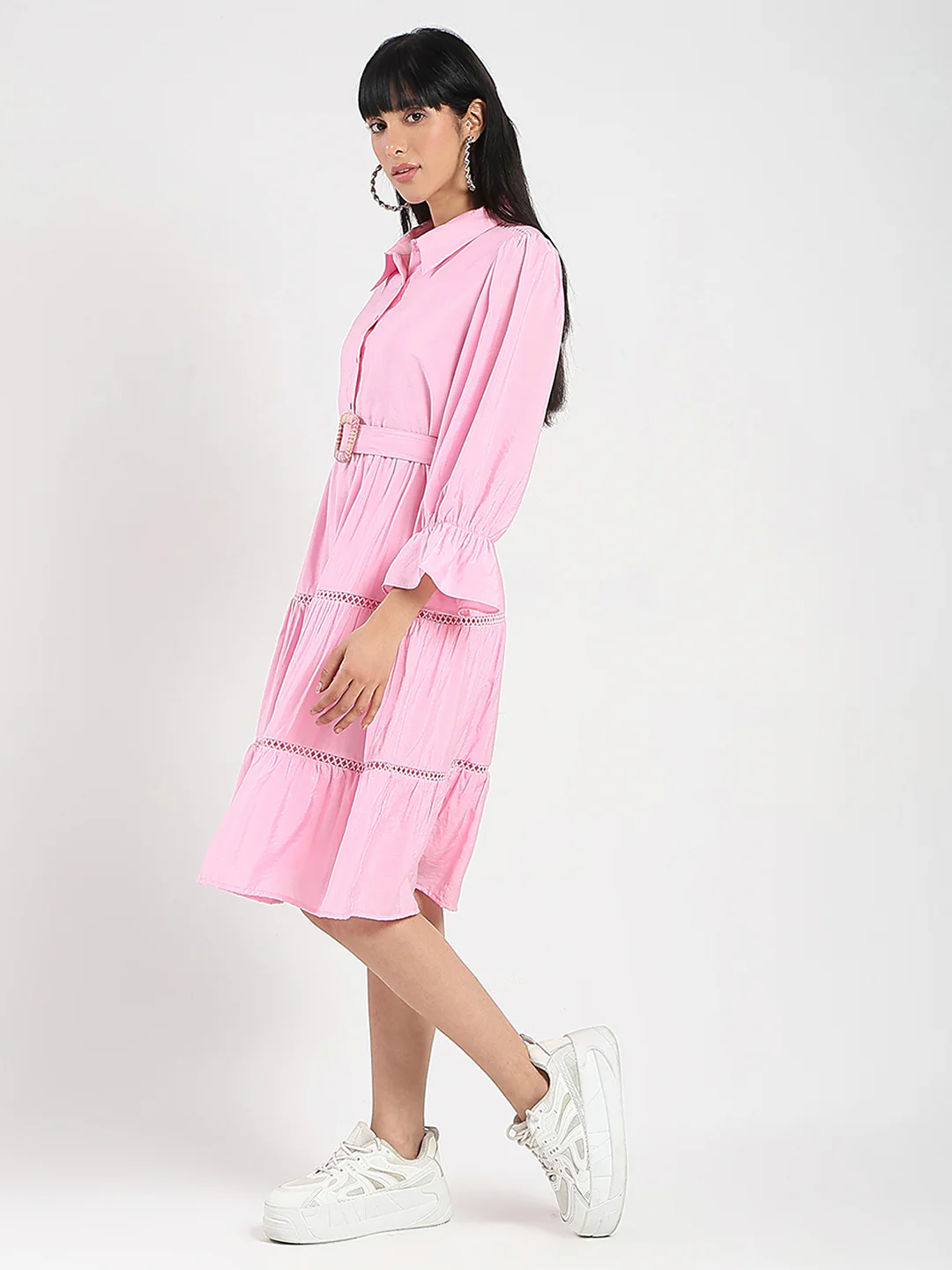 Madame Tiered Pink Rayon Blend Fit and Flare Mini Dress - Image 5