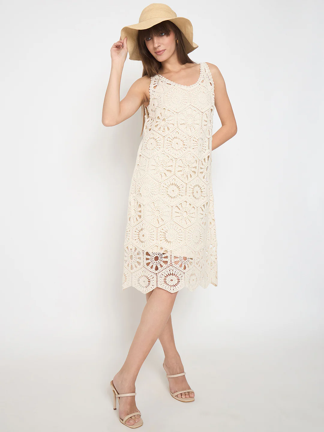 Madame Crochet Self Design Strap Beige Midi Dress