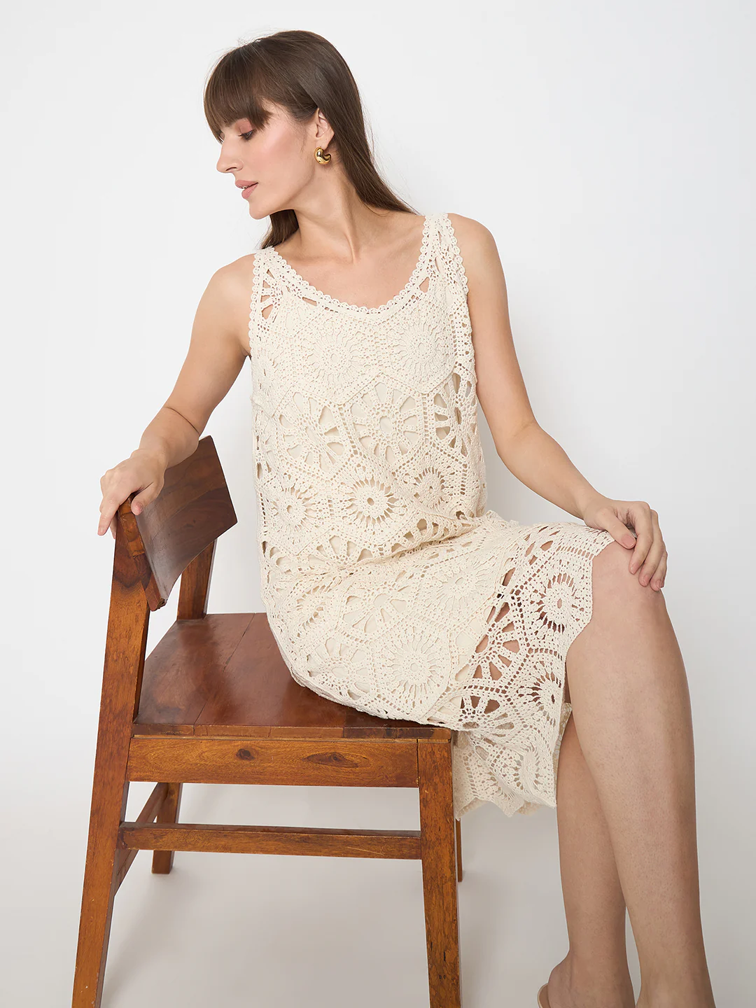 Madame Crochet Self Design Strap Beige Midi Dress - Image 2