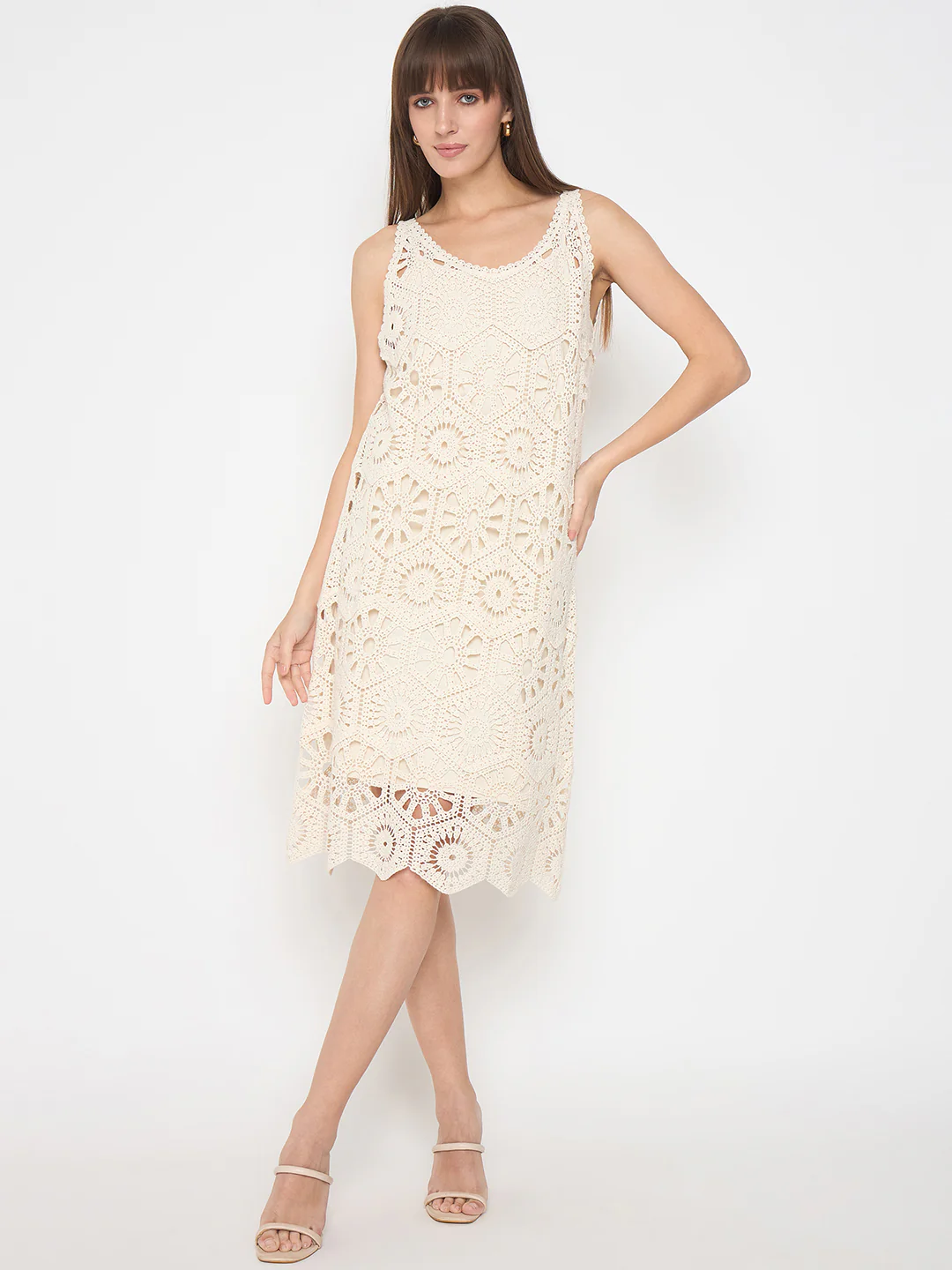 Madame Crochet Self Design Strap Beige Midi Dress - Image 3