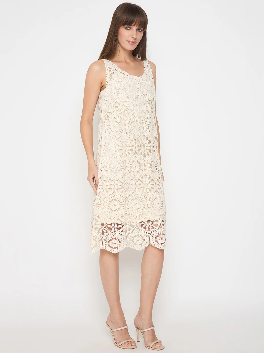 Madame Crochet Self Design Strap Beige Midi Dress - Image 4