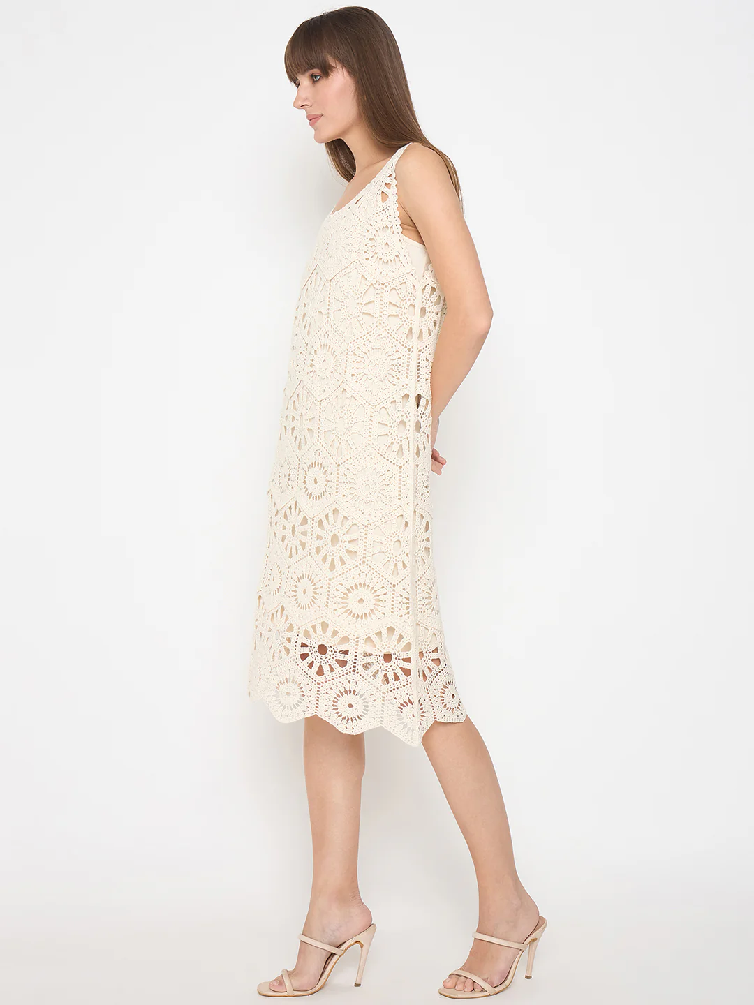 Madame Crochet Self Design Strap Beige Midi Dress - Image 5