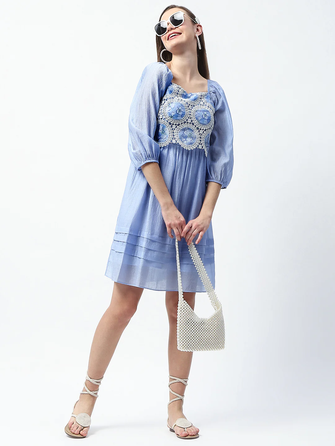 Madame Printed Powder Blue Tencel Blend Crochet Midi Dress - Image 2