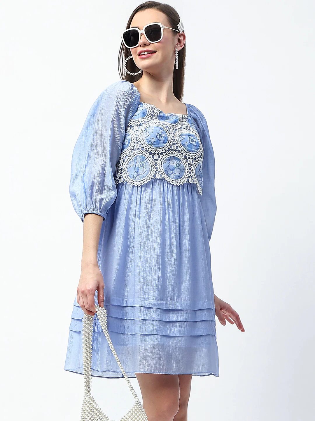 Madame Printed Powder Blue Tencel Blend Crochet Midi Dress - Image 3