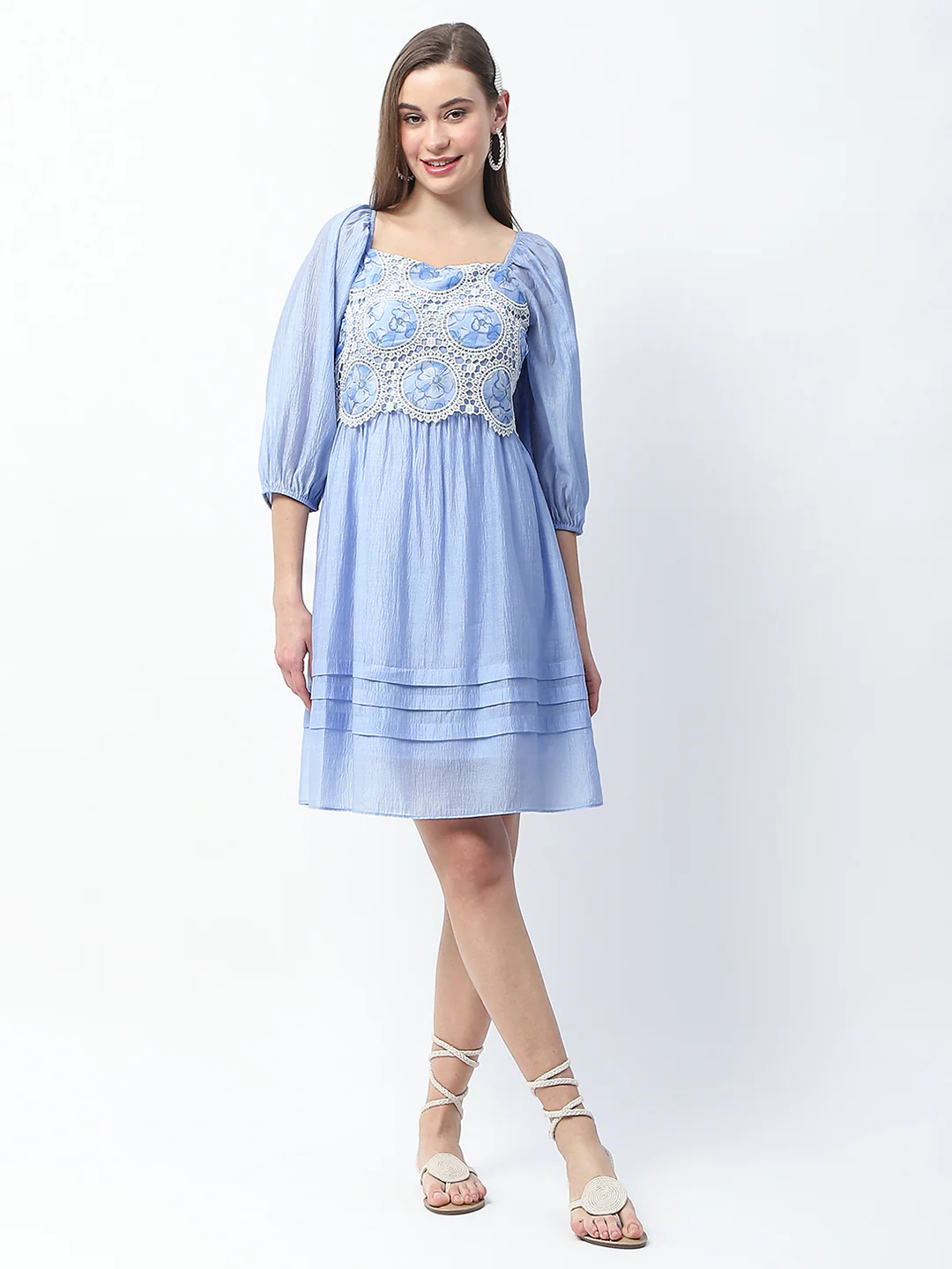 Madame Printed Powder Blue Tencel Blend Crochet Midi Dress - Image 4