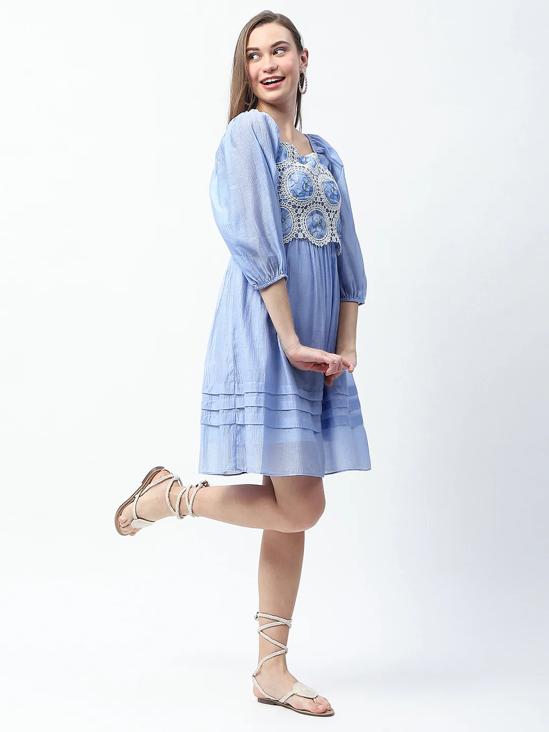 Madame Printed Powder Blue Tencel Blend Crochet Midi Dress - Image 5