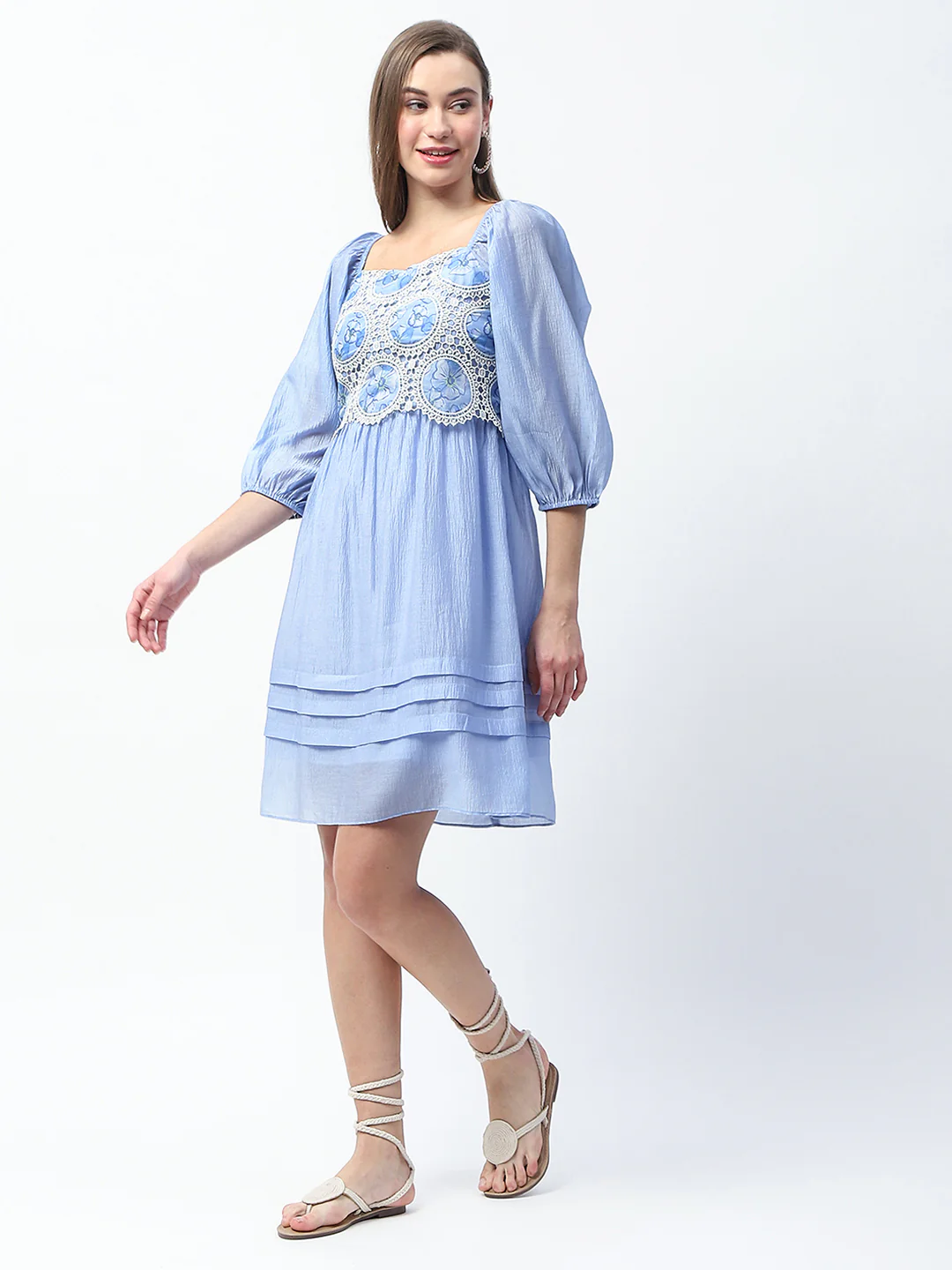 Madame Printed Powder Blue Tencel Blend Crochet Midi Dress - Image 6