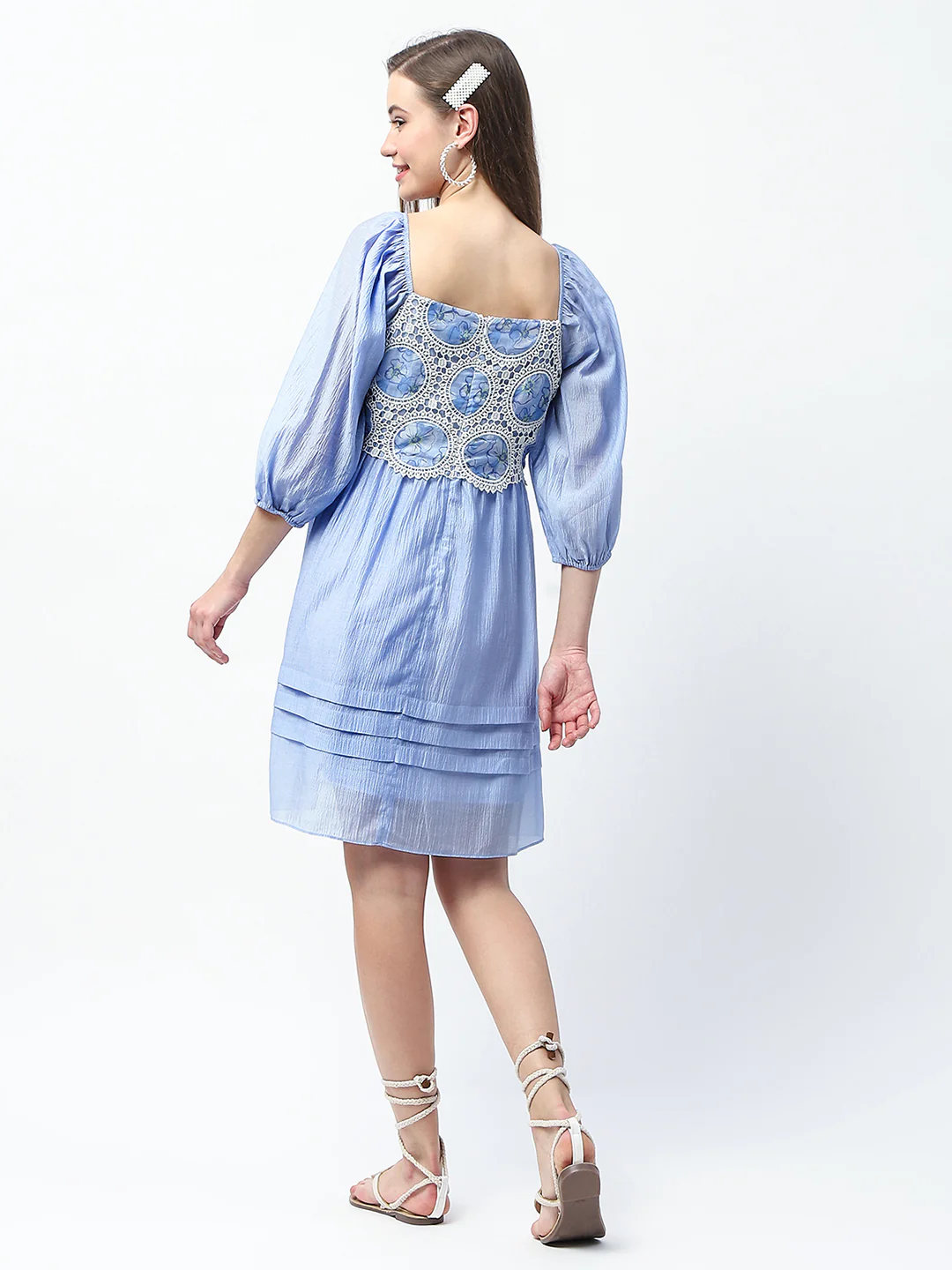 Madame Printed Powder Blue Tencel Blend Crochet Midi Dress - Image 7