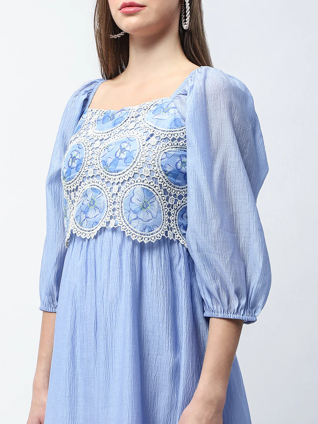 Madame Printed Powder Blue Tencel Blend Crochet Midi Dress - Image 8