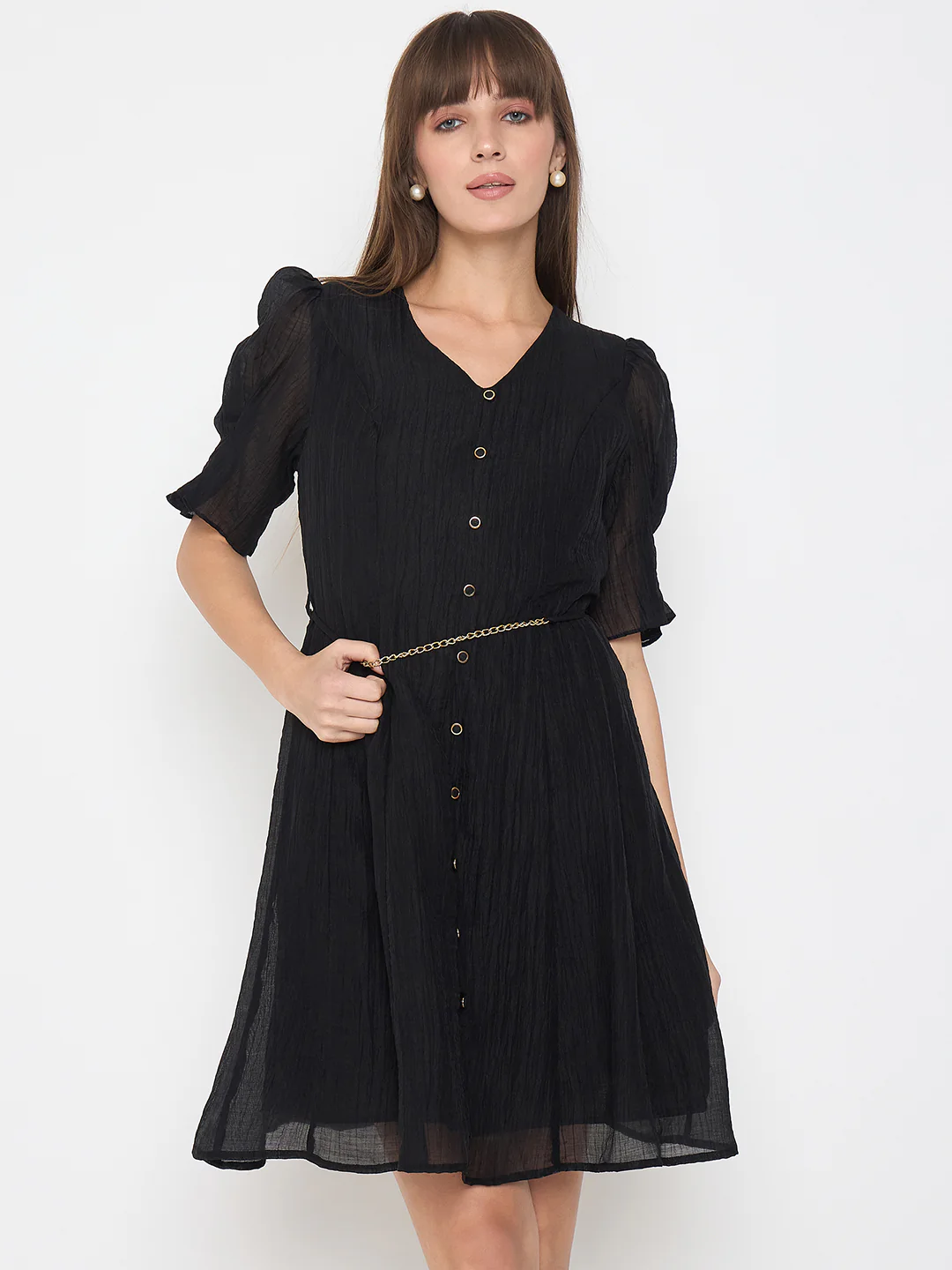 Madame Textured Belted Black Mini A Line Dress - Image 3