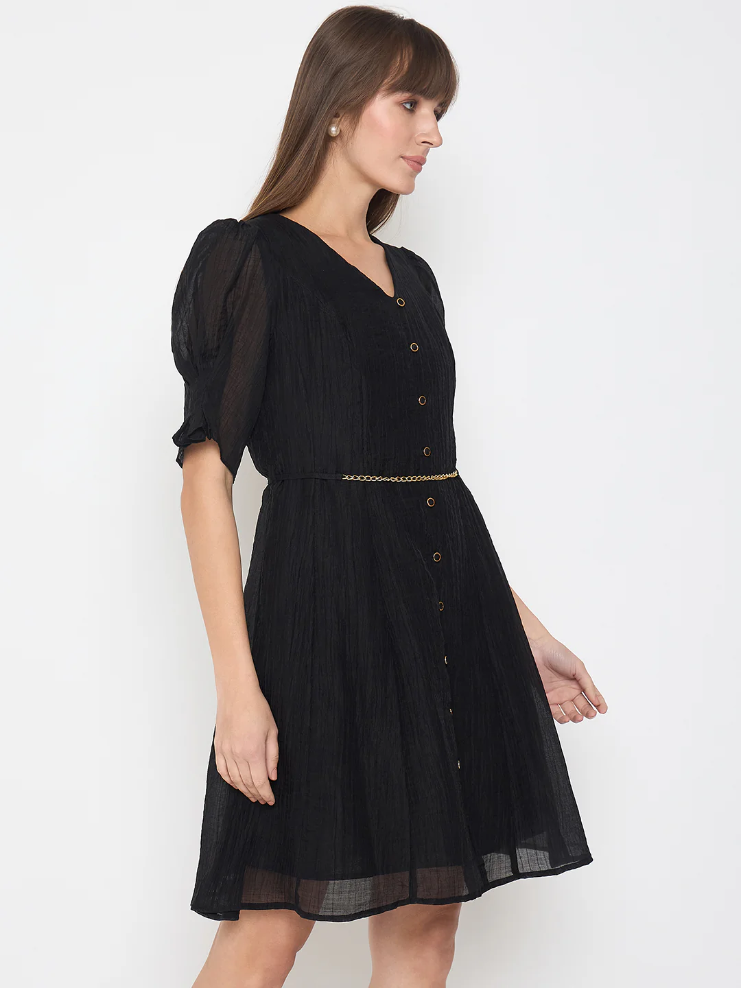 Madame Textured Belted Black Mini A Line Dress - Image 4